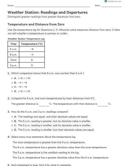 Weather Station: Readings and Departures worksheet preview