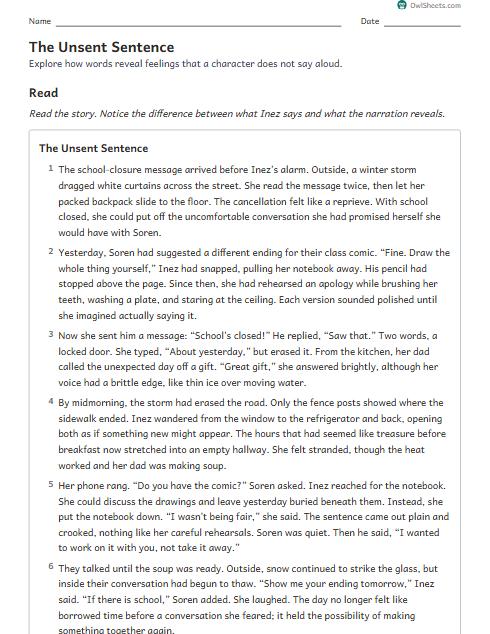 The Unsent Sentence worksheet preview