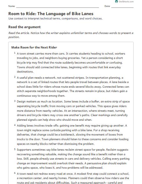 Room to Ride: The Language of Bike Lanes worksheet preview