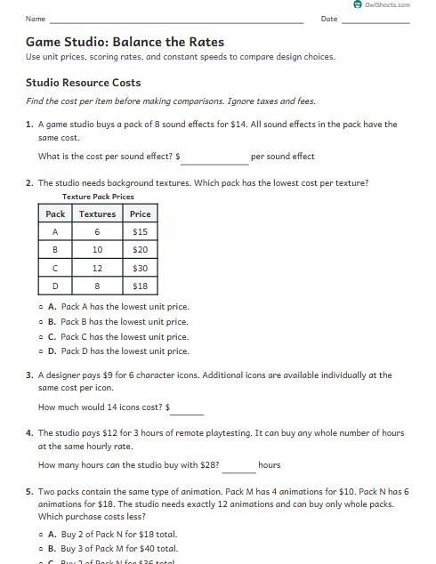Game Studio: Balance the Rates worksheet preview