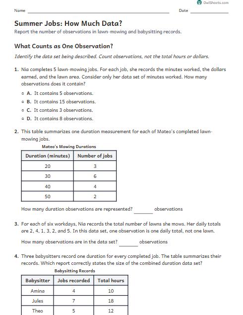 Summer Jobs: How Much Data? worksheet preview