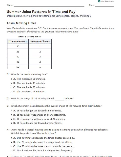 Summer Jobs: Patterns in Time and Pay worksheet preview