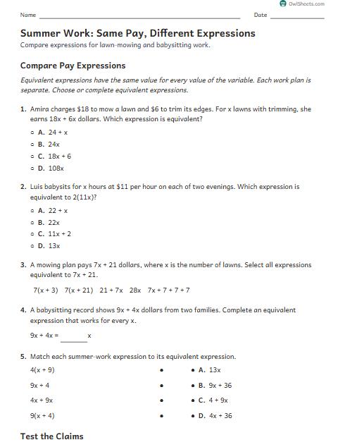 Summer Work: Same Pay, Different Expressions worksheet preview