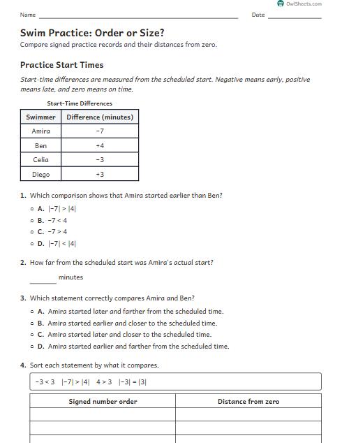 Swim Practice: Order or Size? worksheet preview