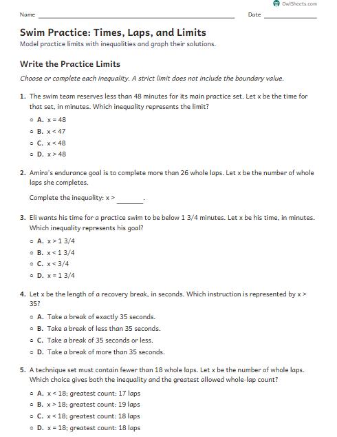 Swim Practice: Times, Laps, and Limits worksheet preview