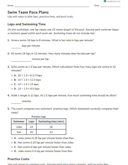 Swim Team Pace Plans worksheet preview