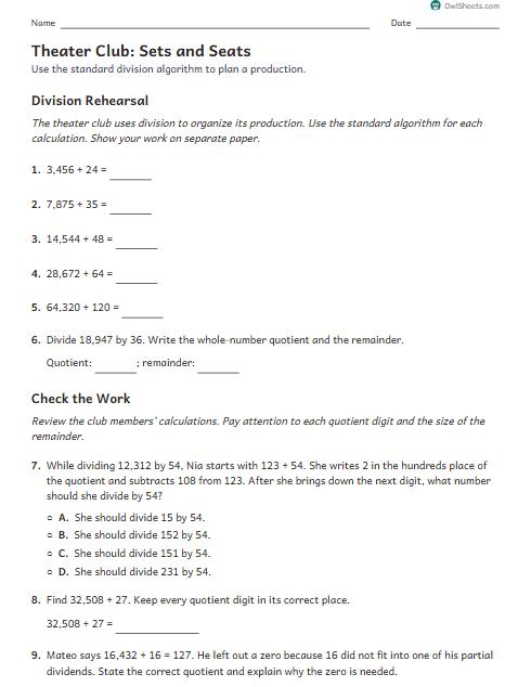 Theater Club: Sets and Seats worksheet preview