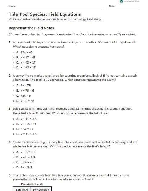 Tide-Pool Species: Field Equations worksheet preview