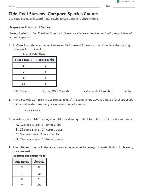 Tide-Pool Surveys: Compare Species Counts worksheet preview