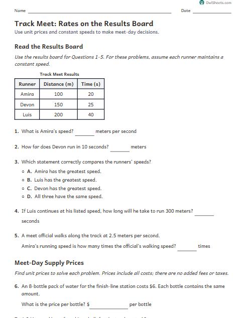 Track Meet: Rates on the Results Board worksheet preview