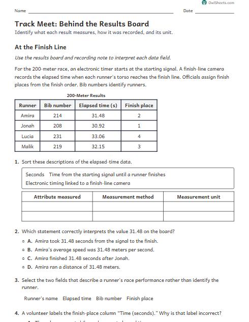 Track Meet: Behind the Results Board worksheet preview