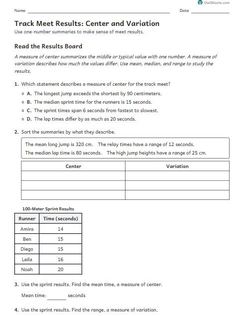 Track Meet Results: Center and Variation worksheet preview
