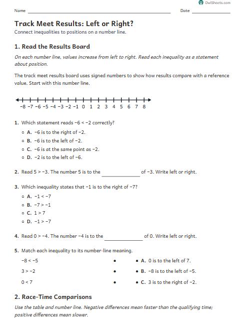 Track Meet Results: Left or Right? worksheet preview