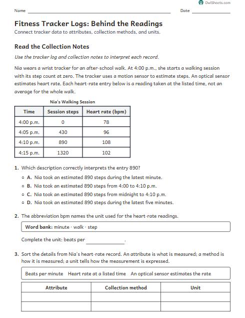 Fitness Tracker Logs: Behind the Readings worksheet preview