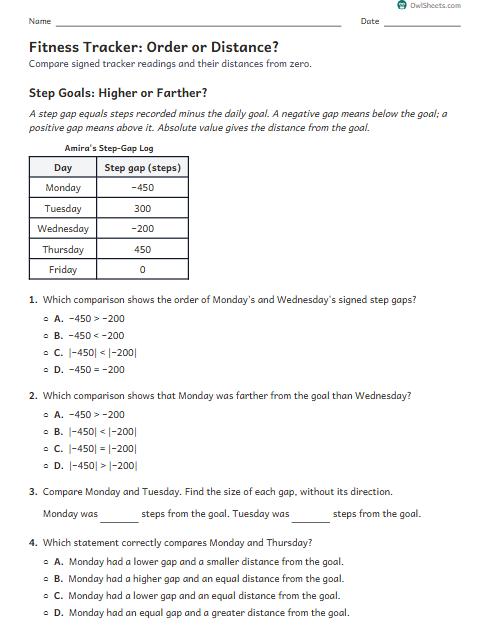 Fitness Tracker: Order or Distance? worksheet preview