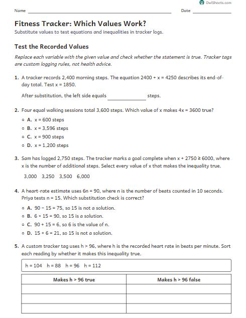 Fitness Tracker: Which Values Work? worksheet preview