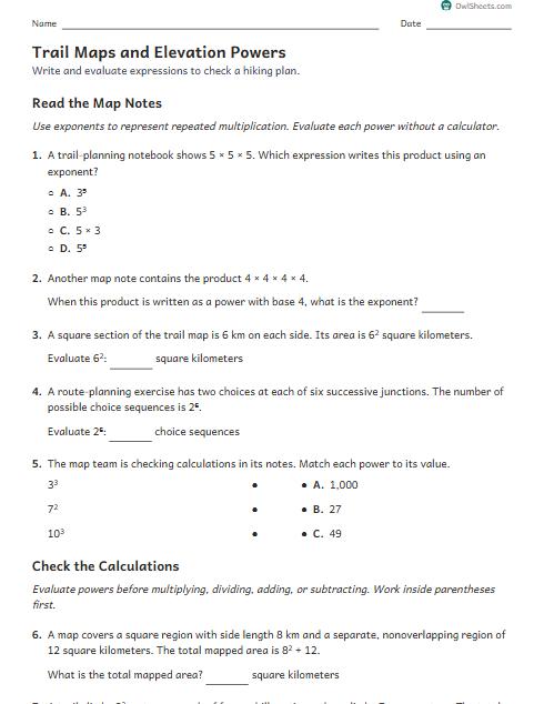 Trail Maps and Elevation Powers worksheet preview