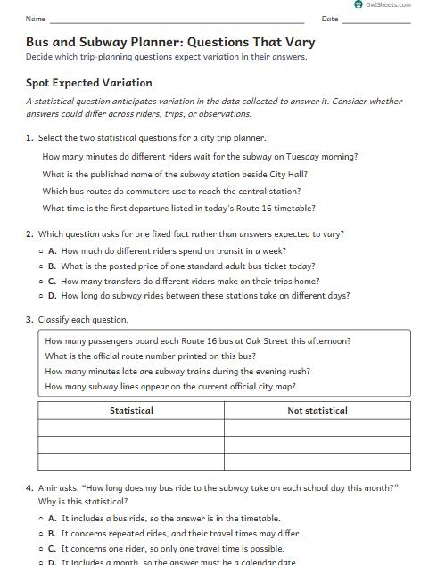 Bus and Subway Planner: Questions That Vary worksheet preview