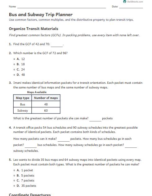 Bus and Subway Trip Planner worksheet preview