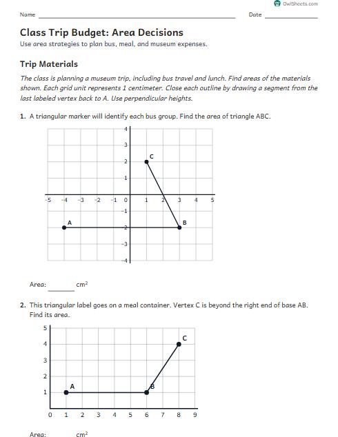 Class Trip Budget: Area Decisions worksheet preview