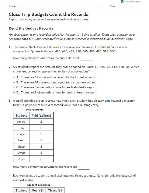 Class Trip Budget: Count the Records worksheet preview