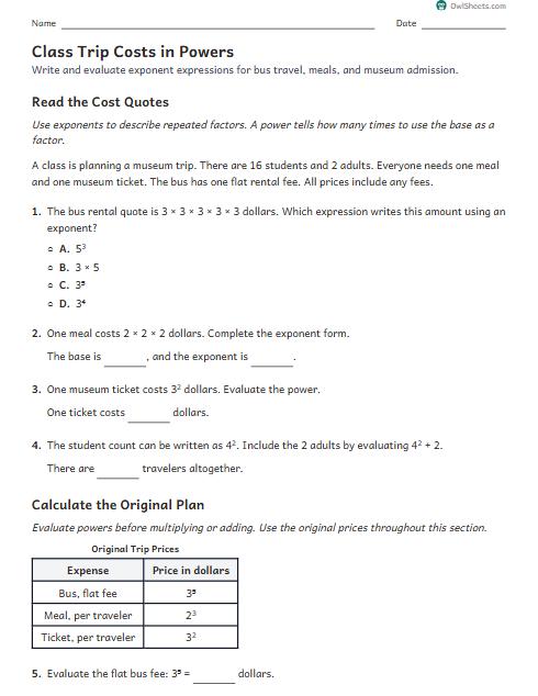 Class Trip Costs in Powers worksheet preview