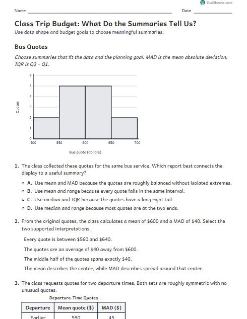 Class Trip Budget: What Do the Summaries Tell Us? worksheet preview