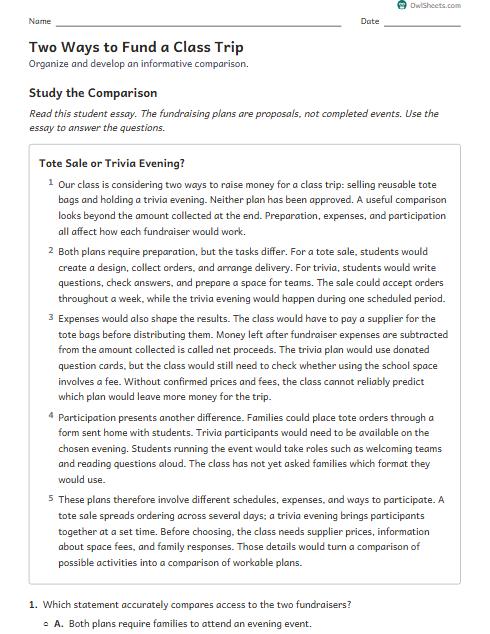Two Ways to Fund a Class Trip worksheet preview