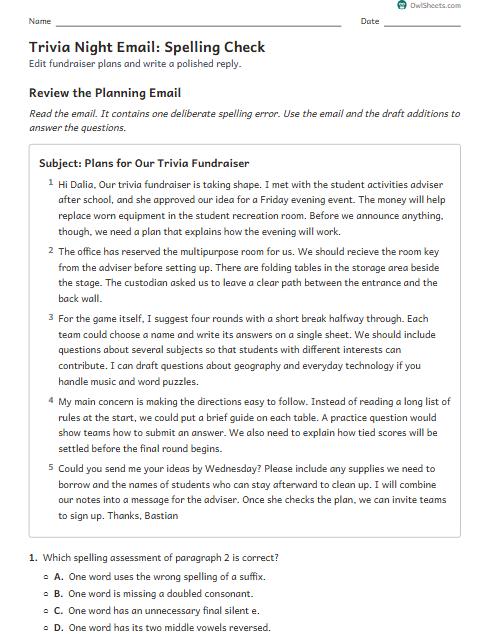 Trivia Night Email: Spelling Check worksheet preview