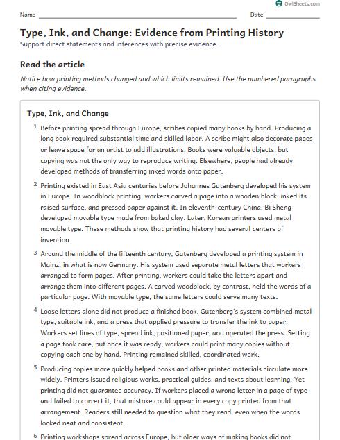Type, Ink, and Change: Evidence from Printing History worksheet preview