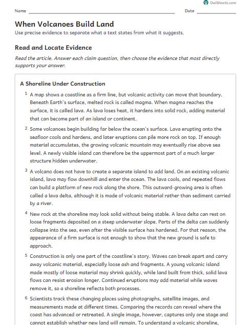 When Volcanoes Build Land worksheet preview