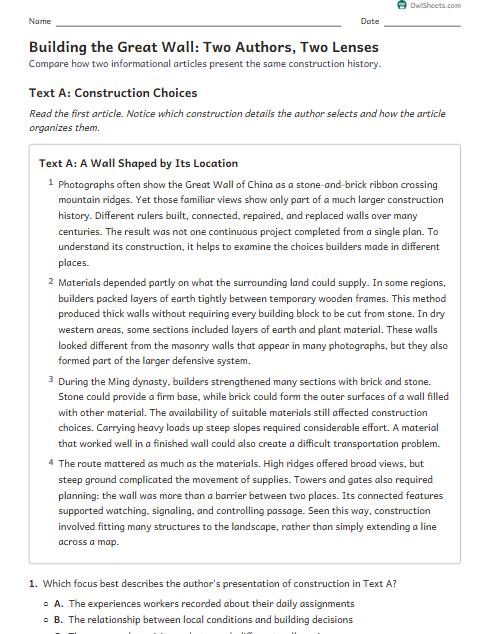 Building the Great Wall: Two Authors, Two Lenses worksheet preview
