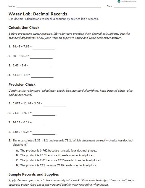 Water Lab: Decimal Records worksheet preview