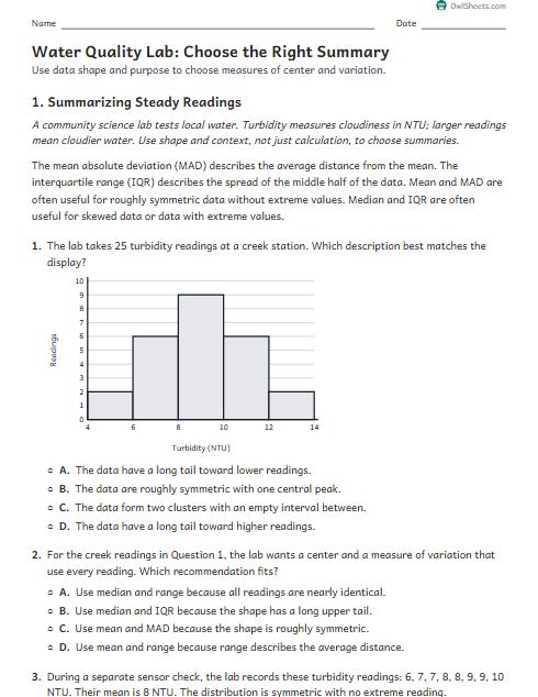 Water Quality Lab: Choose the Right Summary worksheet preview