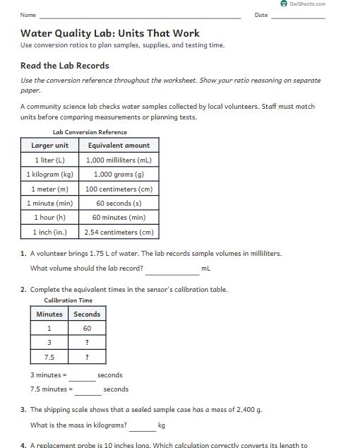 Water Quality Lab: Units That Work worksheet preview