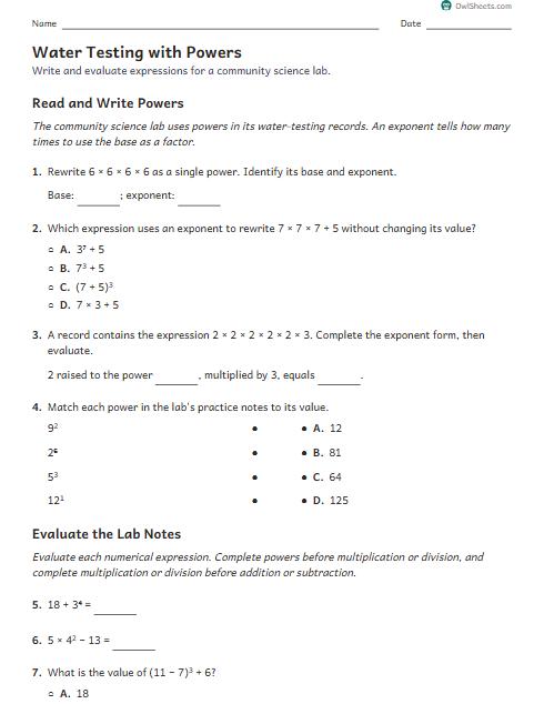 Water Testing with Powers worksheet preview
