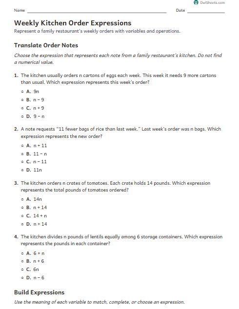 Weekly Kitchen Order Expressions worksheet preview