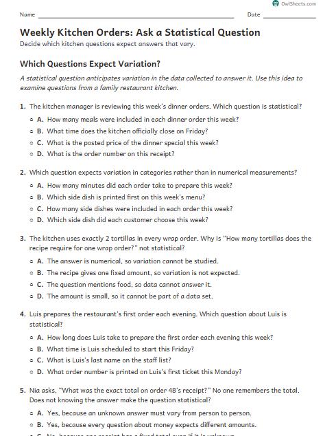 Weekly Kitchen Orders: Ask a Statistical Question worksheet preview