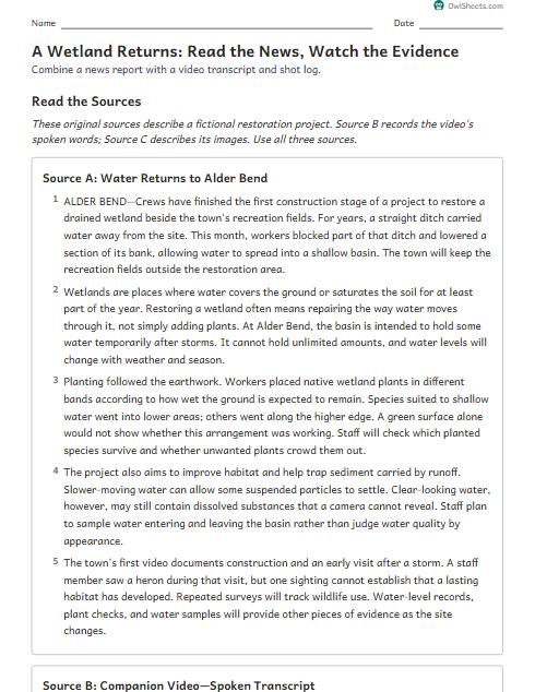A Wetland Returns: Read the News, Watch the Evidence worksheet preview