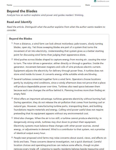 Beyond the Blades worksheet preview