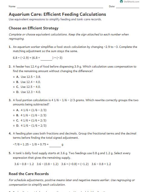 Aquarium Care: Efficient Feeding Calculations worksheet preview