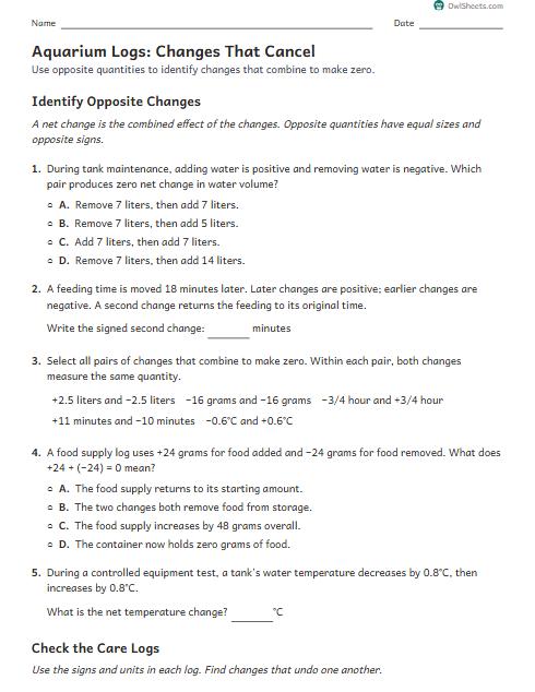 Aquarium Logs: Changes That Cancel worksheet preview