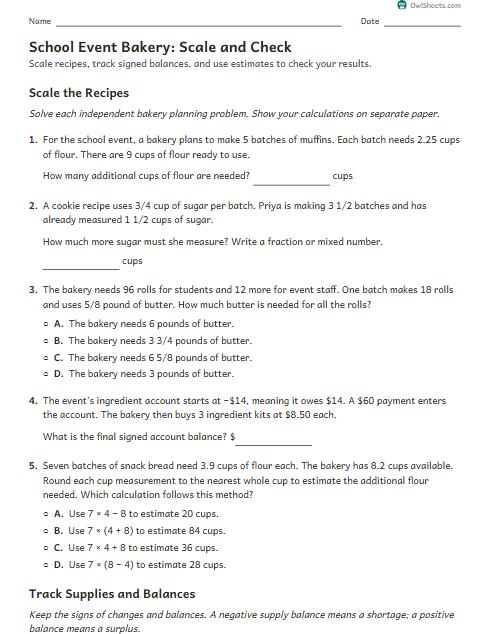 School Event Bakery: Scale and Check worksheet preview