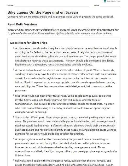 Bike Lanes: On the Page and on Screen worksheet preview