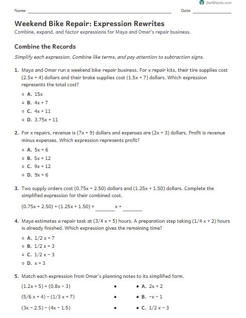 Weekend Bike Repair: Expression Rewrites worksheet preview