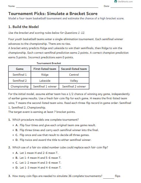 Tournament Picks: Simulate a Bracket Score worksheet preview