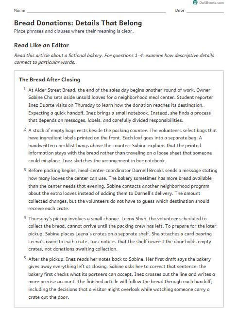 Bread Donations: Details That Belong worksheet preview