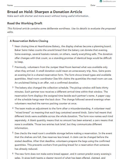 Bread on Hold: Sharpen a Donation Article worksheet preview
