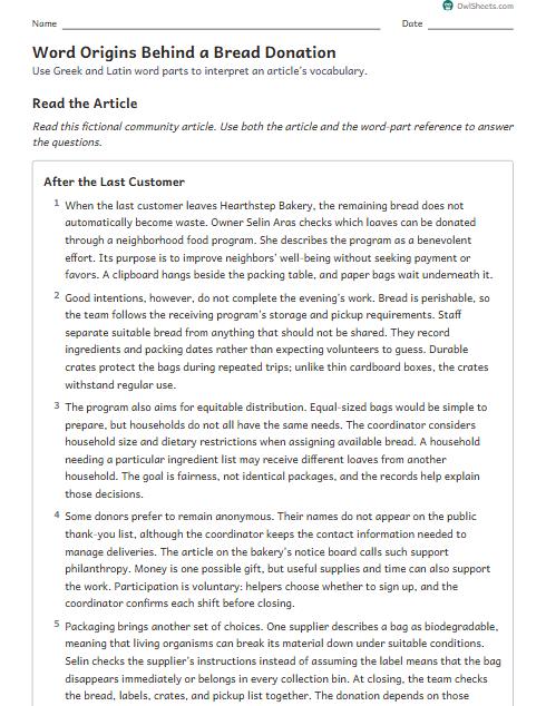 Word Origins Behind a Bread Donation worksheet preview