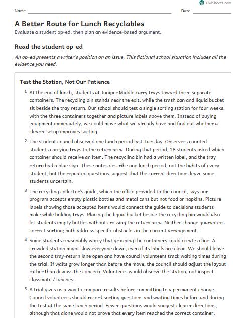 A Better Route for Lunch Recyclables worksheet preview